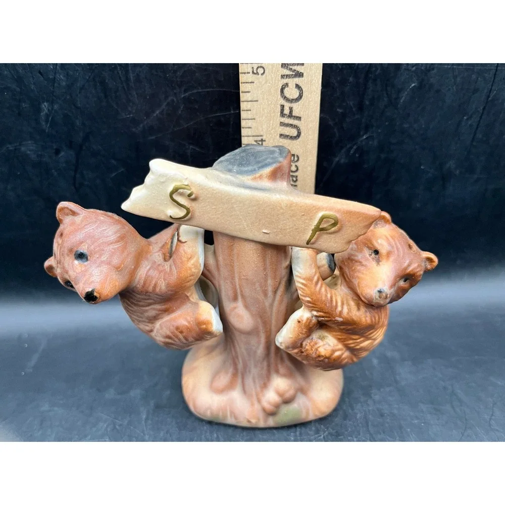 Vtg Japan Ceramic 3 Pc Bears Hanging On Tree Salt &‎ Pepper Shakers Decor 4.5